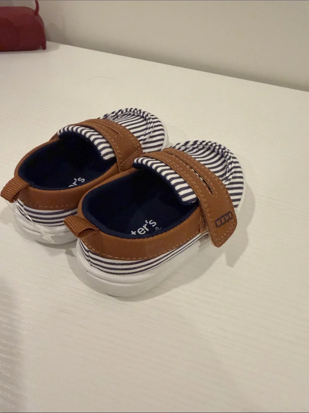 Carter's Navy and White Striped Slip-On Shoes with Brown Strap